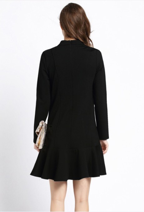 F2486-2 Black High Neck Ruffle Long Sleeve Flounce Hem Dress